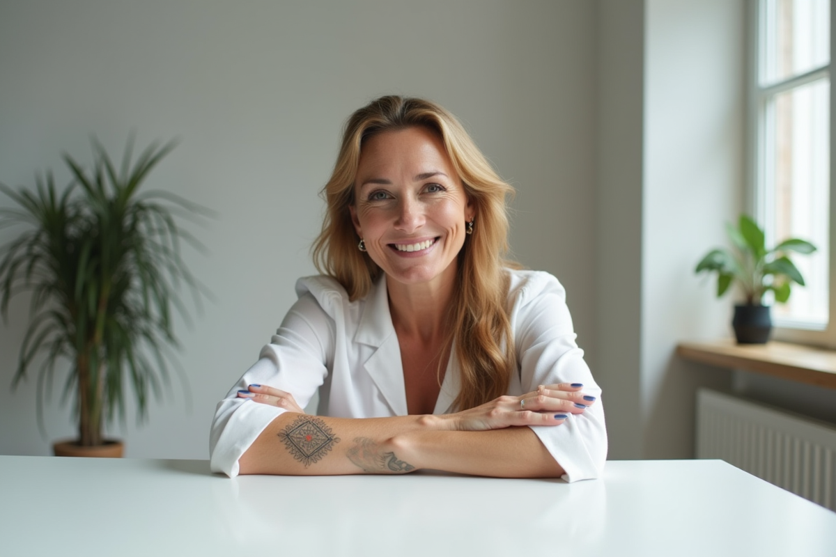 Femme mature avec tatouage géométrique dans un studio lumineux