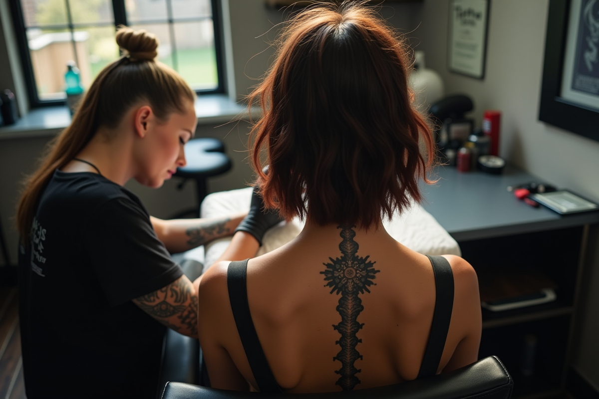 Femme assise dans un studio de tatouage avec tatouage de la colonne vertébrale