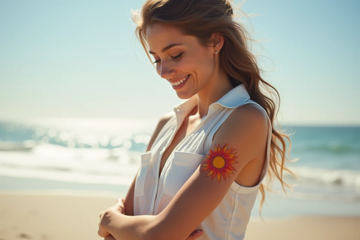 Jeune femme avec tatouage soleil sur le bras à la plage