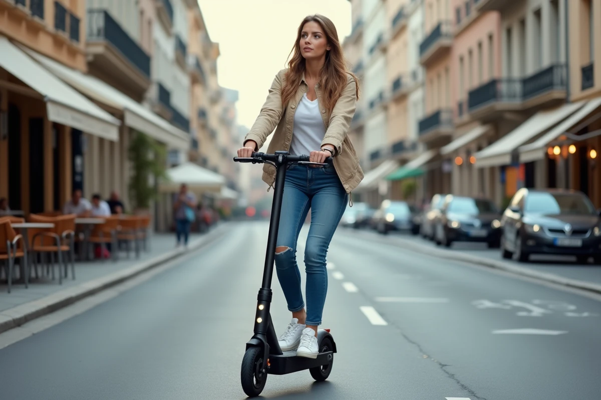 Femme en train de rouler sur une trottinette électrique dans une rue de ville européenne