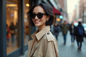 Femme élégante en trench beige dans une rue urbaine