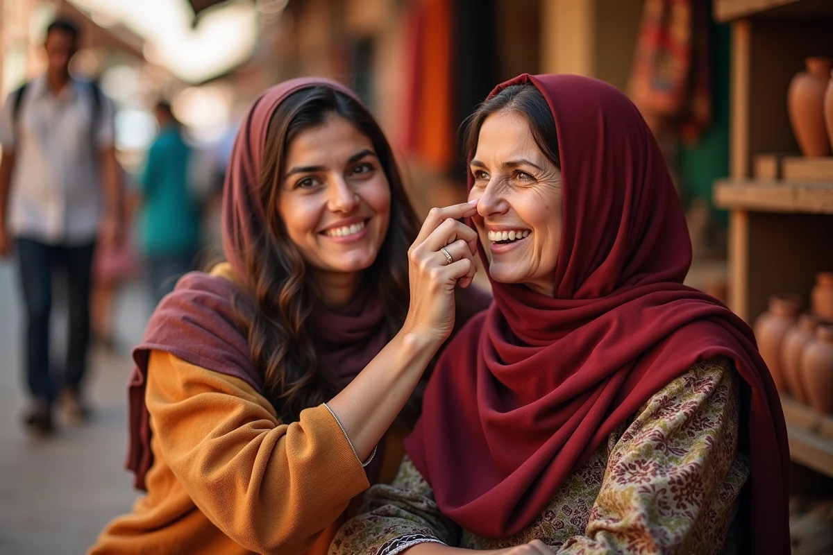 Deux femmes marocaines au marché de Marrakech appliquant de l'aker fassi sur les joues dans une ambiance authentique de souk coloré