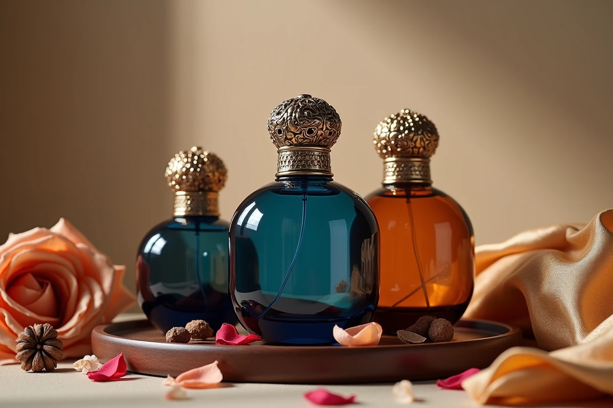 Flacons de parfum Gissah en verre bleu et ambré avec pétales de rose et bois d'oud sur plateau en noyer