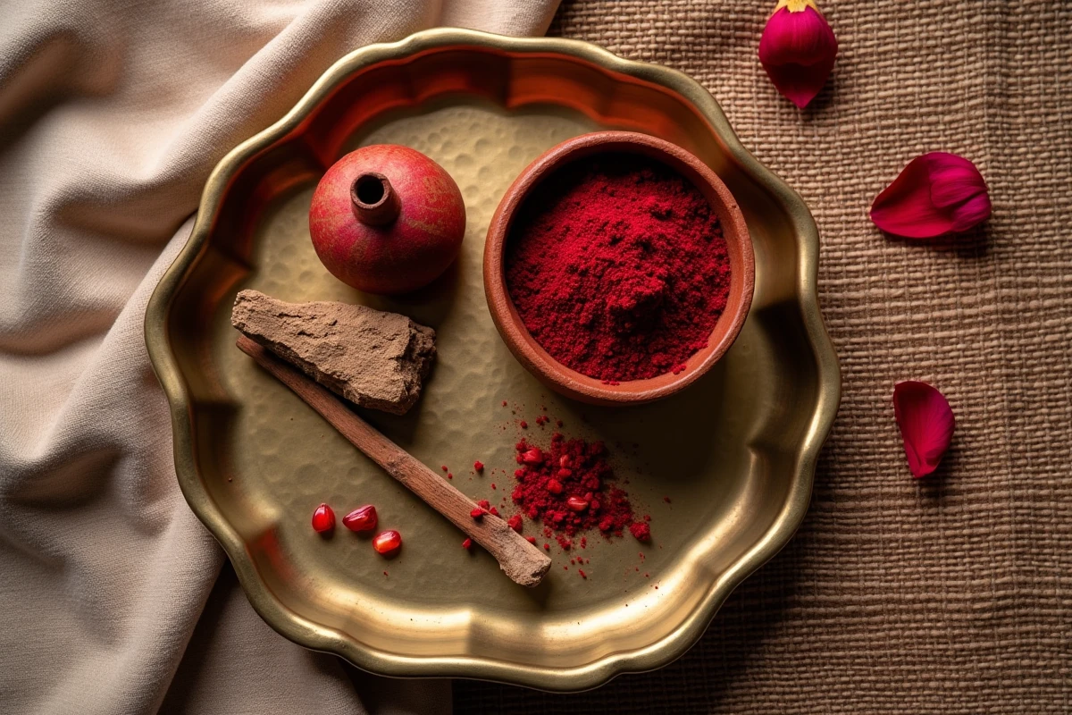 Flat lay d'ingrédients de maquillage marocain traditionnels incluant l'aker fassi, peau de grenade séchée et bâton applicateur sur plateau en laiton