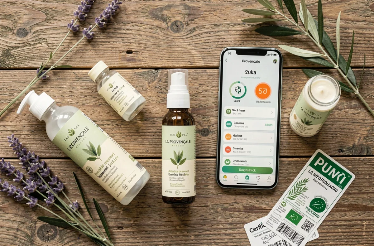 Flat lay de produits La Provençale bio avec score Yuka sur smartphone et ingrédients naturels