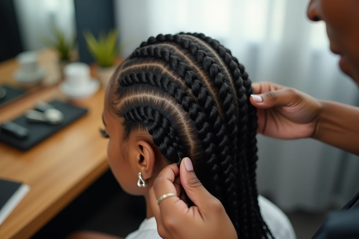 Gros plan sur la réalisation de box braids africaines avec un tressage précis et des sections bien définies