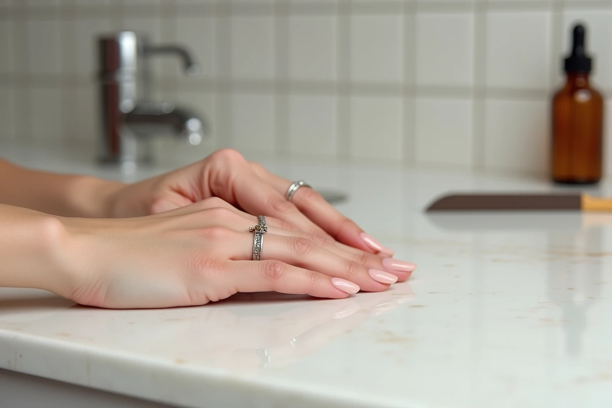 Gros plan de mains aux ongles en porcelaine brillants sur un comptoir en pierre moderne