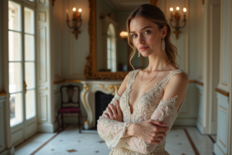 Femme en robe de haute couture ajustant sa manche dans un intérieur parisien