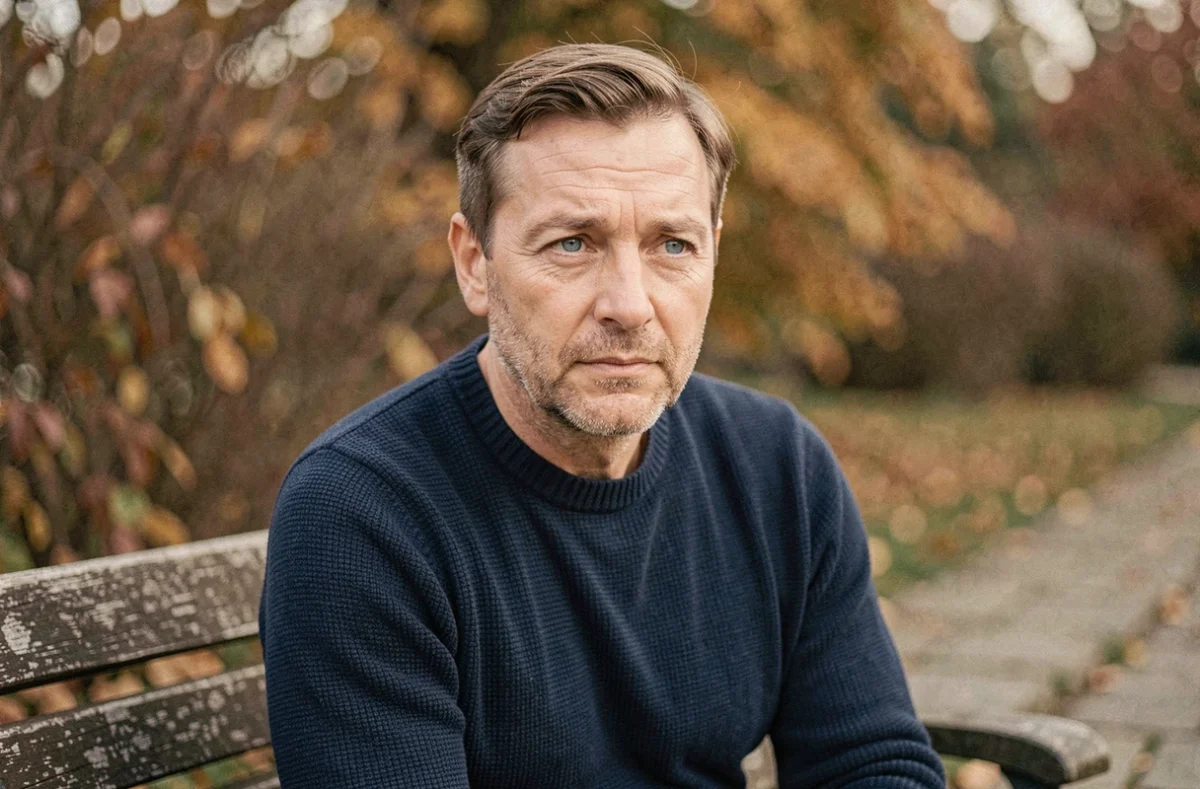Portrait d'un homme adulte présentant une hétérochromie avec un œil marron et un œil bleu, photographié en extérieur en automne