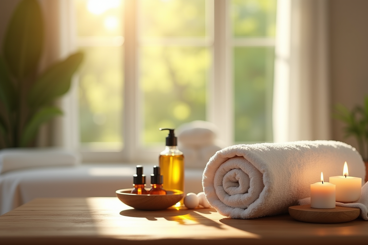 Coin détente avec huiles et bougies pour massage à la maison