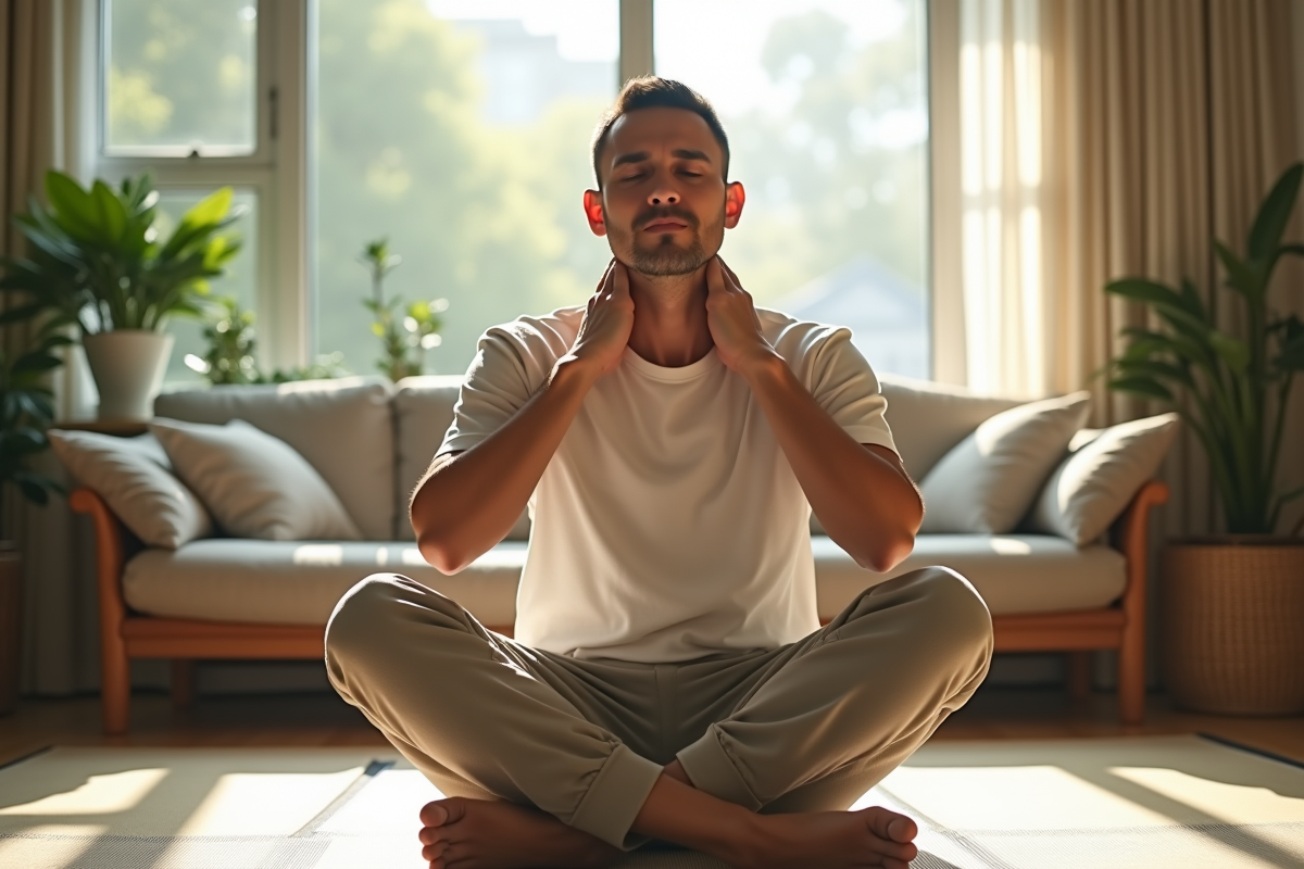 Homme se massant le cou dans un salon lumineux à la maison