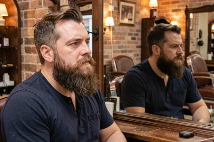 Homme à barbe longue et bien taillée observant la forme de son visage dans un miroir de barbier vintage