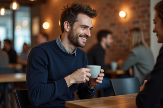 Homme décontracté souriant dans un café urbain
