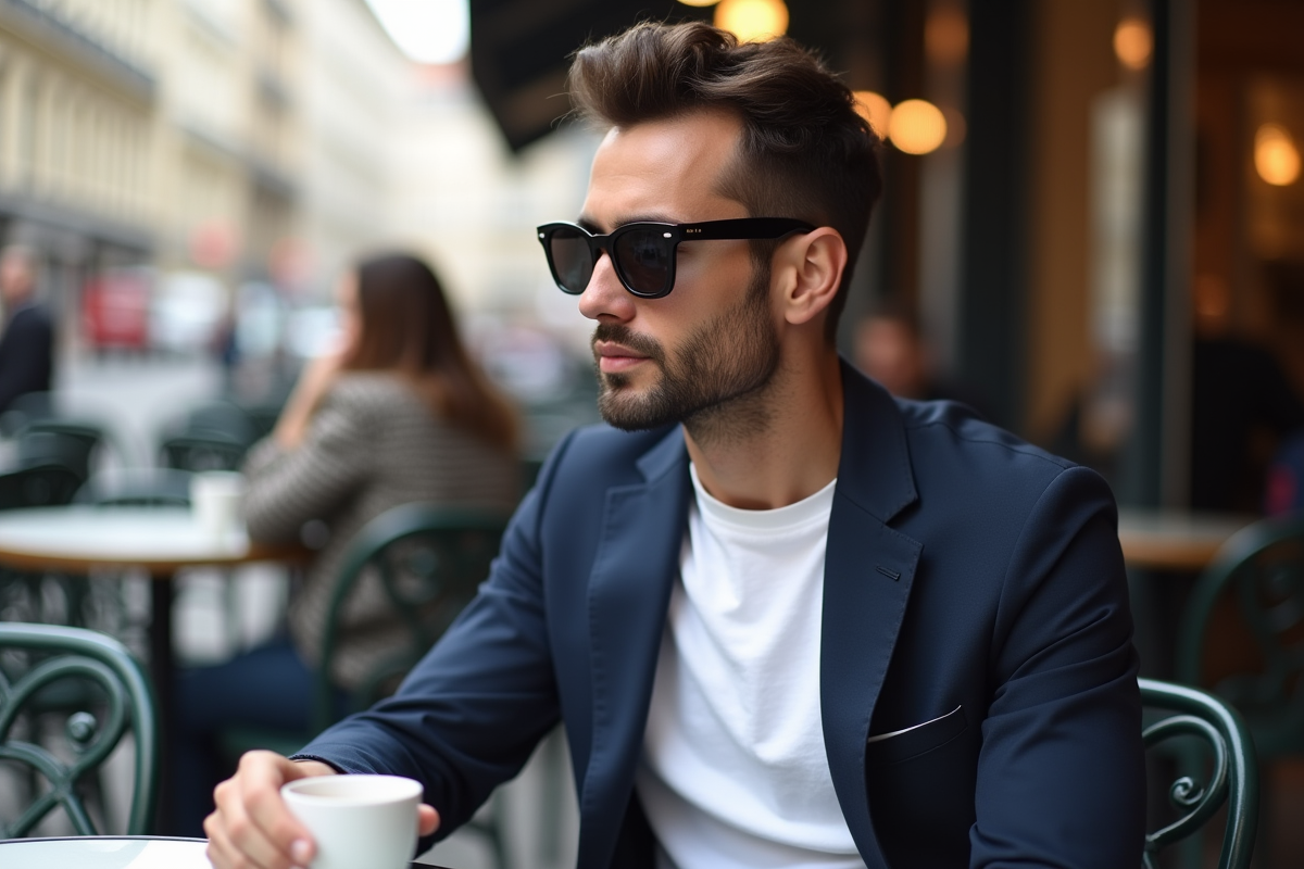 Homme en costume dans un café parisien en extérieur