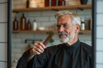 Homme aux cheveux blancs appliquant une teinture tonifiante dans une salle de bain moderne pour éviter les reflets jaunes