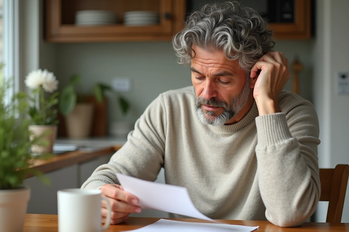 Homme aux cheveux bouclés lisant instructions dans la cuisine