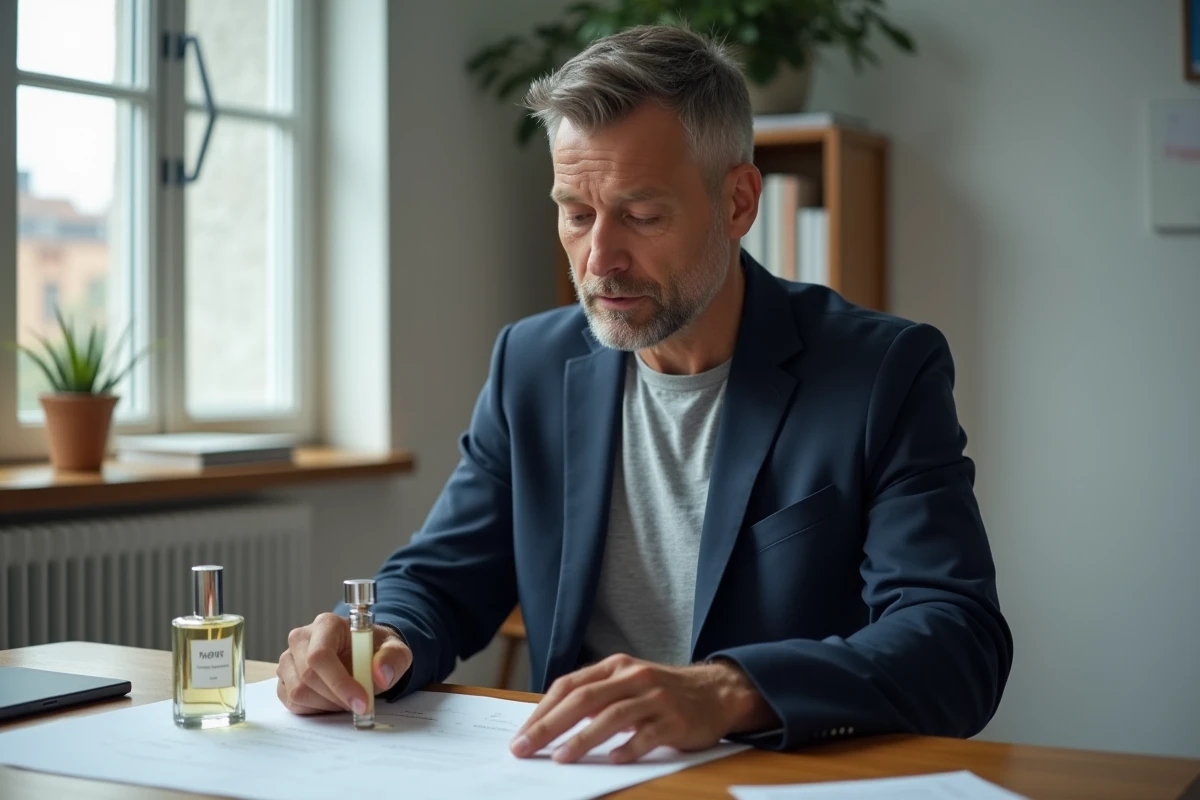 Homme comparant les ingrédients et le prix de deux parfums à son bureau, symbolisant une approche éclairée face au prestige de marque