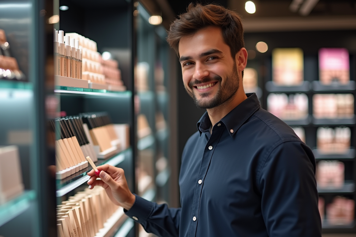 Jeune homme choisissant correcteur en magasin