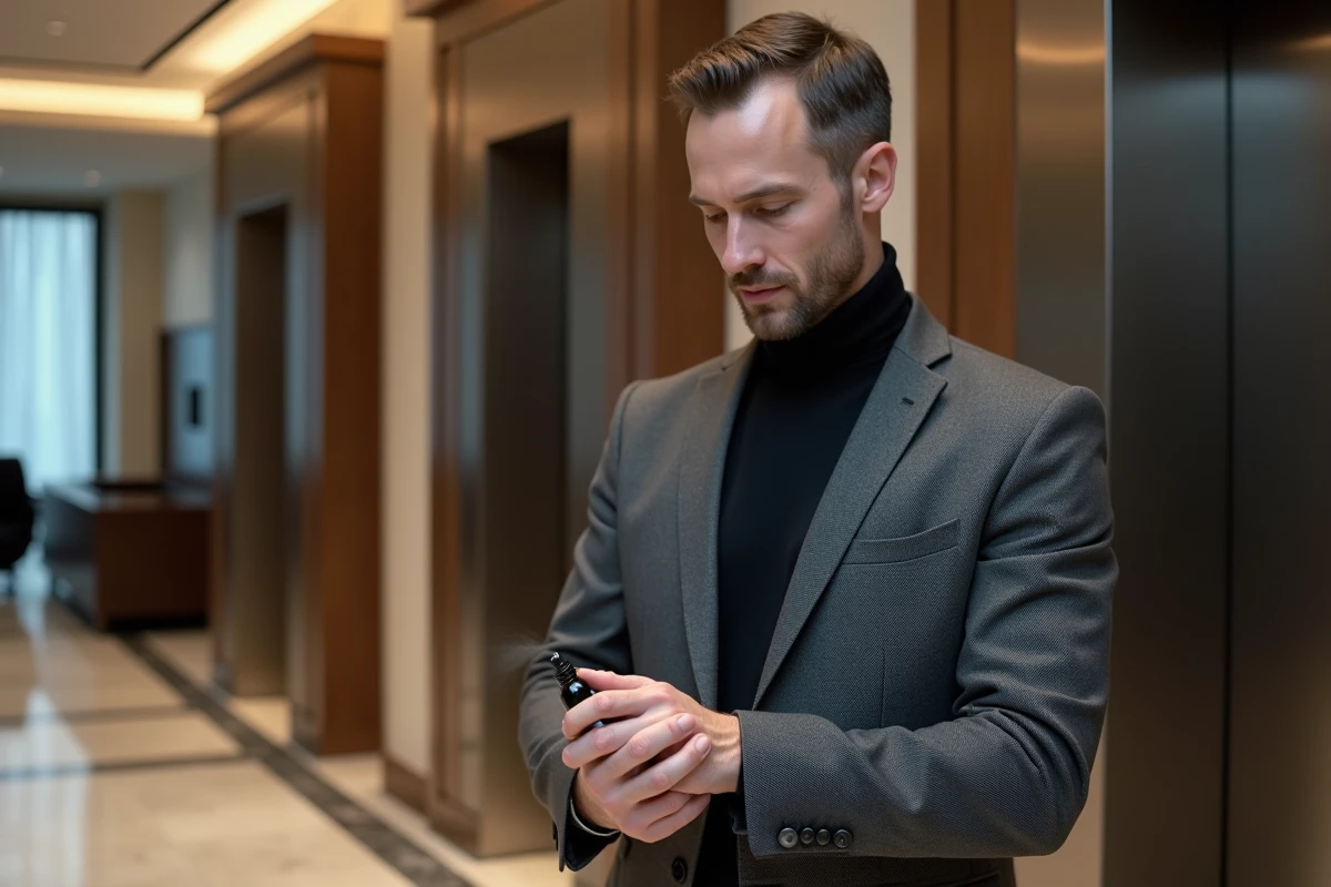Homme en costume gris vaporisant un parfum dupe dans un hall d'immeuble de bureaux, illustrant le choix d'un équivalent parfum masculin pour le travail