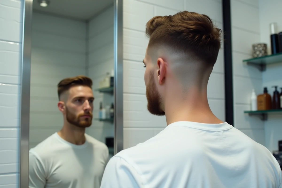 Homme avec une coupe taper soignée admirant le résultat dans le miroir d'un barbershop moderne