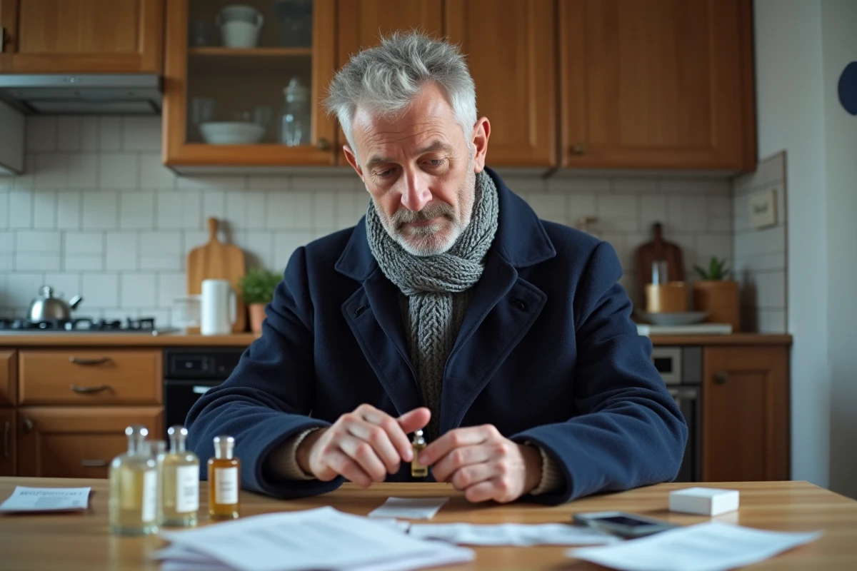 Homme comparant des échantillons de parfum dans sa cuisine