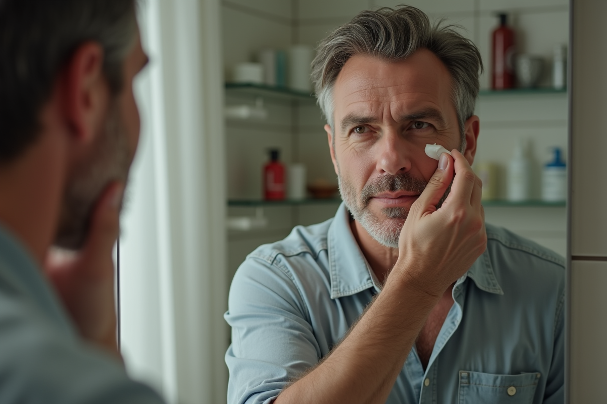 Homme se massant la cicatrice dans le miroir