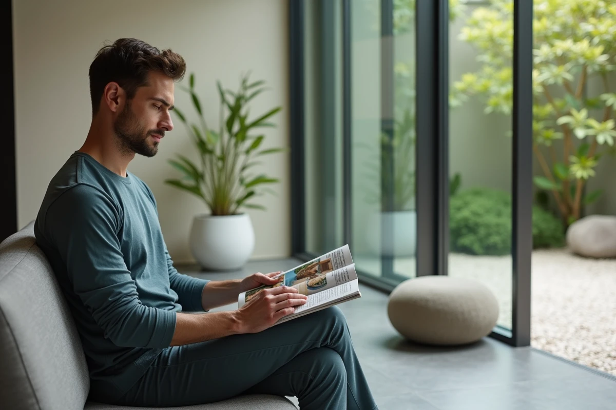Homme méditant dans un espace zen avec jardin extérieur