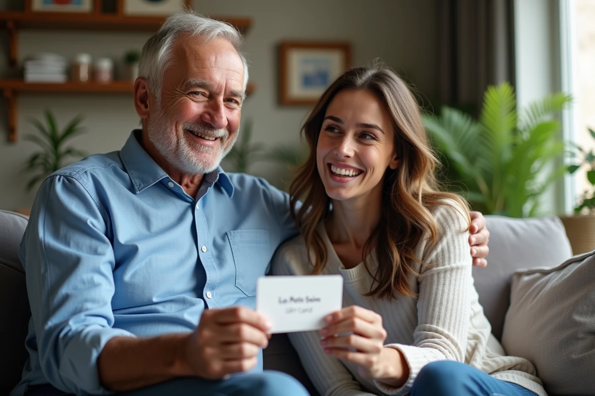 Homme offrant une carte cadeau Les Petits Soins à sa fille dans un salon accueillant