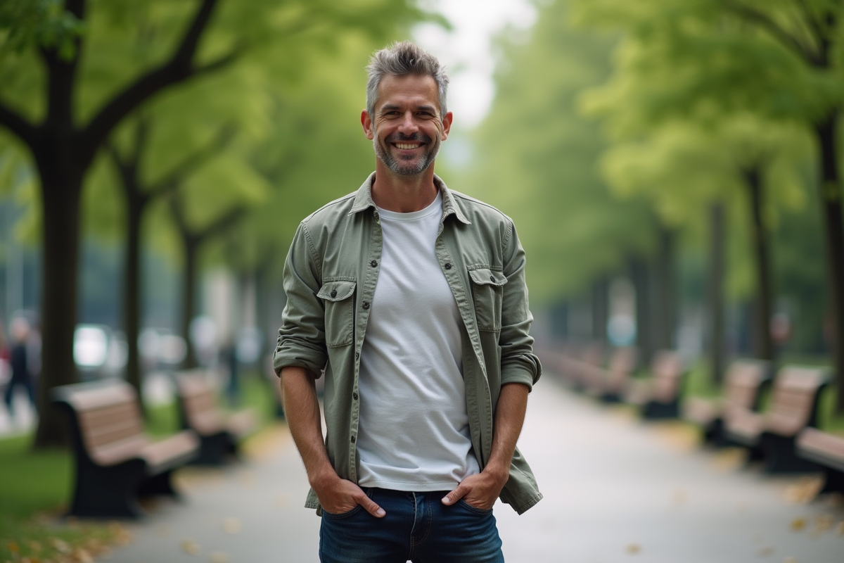 Homme décontracté dans un parc urbain en pleine nature