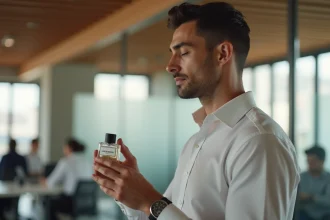 Homme en chemise blanche tenant un flacon de parfum Zara dans un bureau moderne, illustrant les dupes de parfum masculins pour le travail