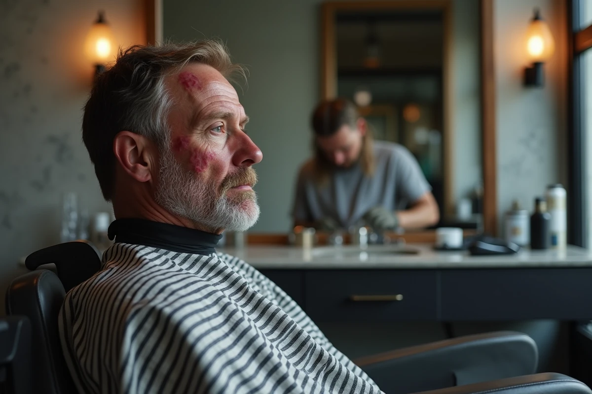 Portrait d'un homme à la peau atopique et réactive assis dans un fauteuil de barbier regardant son reflet dans le miroir du salon