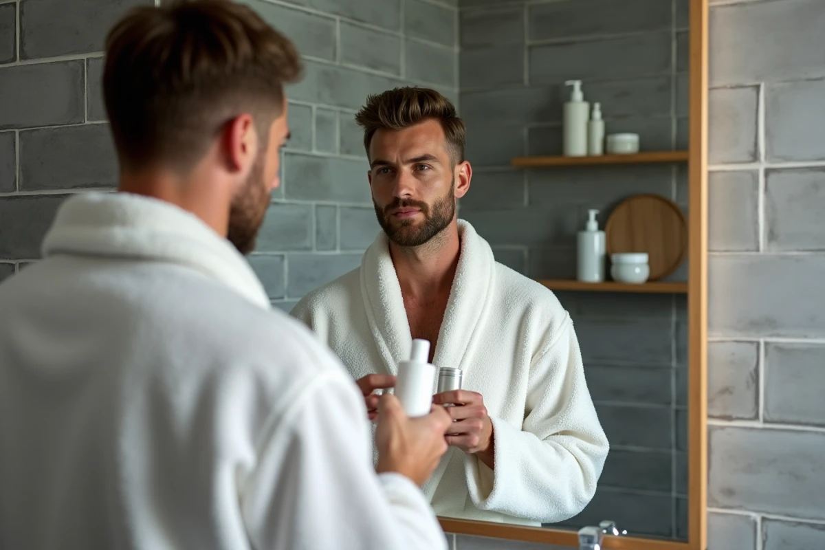 Homme en peignoir blanc lisant l'étiquette d'une crème dépilatoire dans une salle de bain moderne