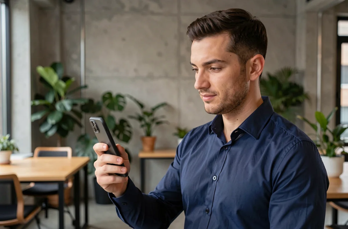Homme consultant sa photo de profil sur smartphone dans un espace de coworking moderne, valorisant ses traits naturels