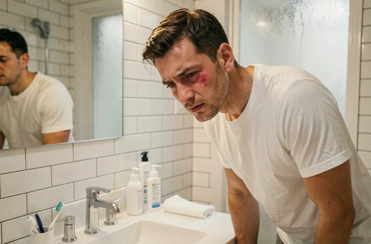 Homme inspecte ses poches sous les yeux dans le miroir de la salle de bain après une nuit de mauvais sommeil