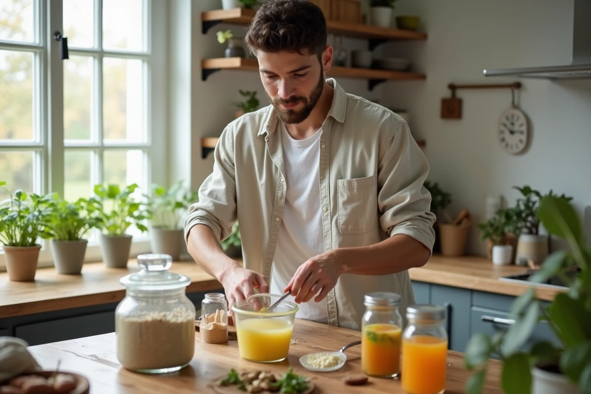 Jeune homme préparant un masque facial fermenté dans la cuisine lumineuse