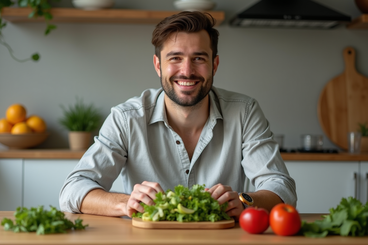 Homme préparant une salade dans une cuisine moderne