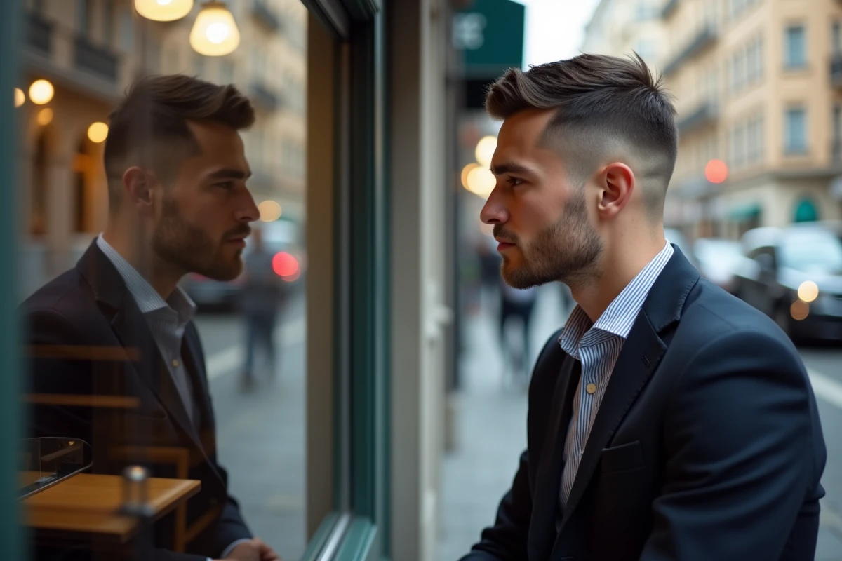 Jeune homme professionnel regardant son reflet en ville