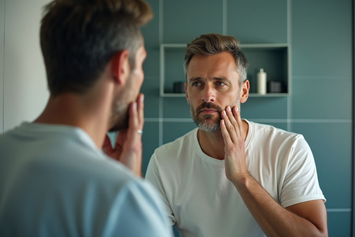 Homme regardant son reflet dans le miroir de la salle de bain