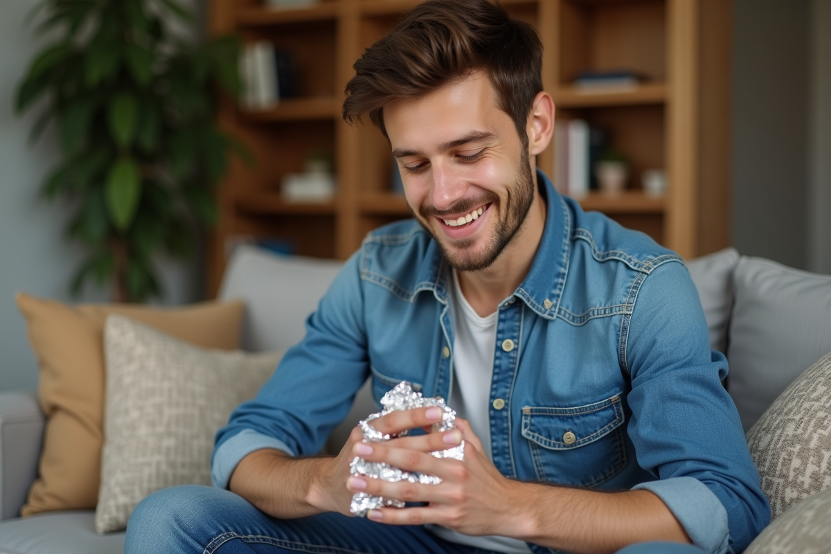 Jeune homme retirant du vernis gel dans le salon