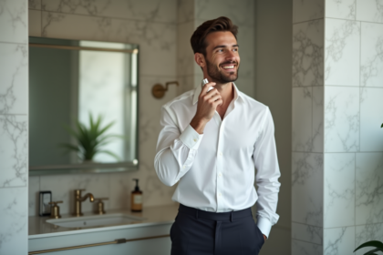 Homme élégant appliquant du parfum dans une salle de bain moderne