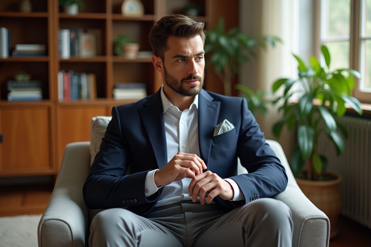 Homme sophistiqué ajustant ses manchettes dans un salon moderne