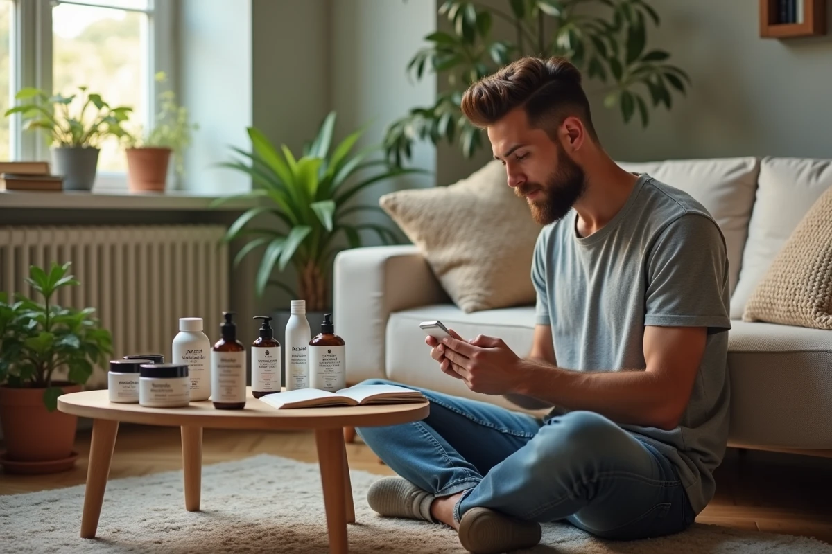 Homme détendu inspectant des produits capillaires dans un salon cosy