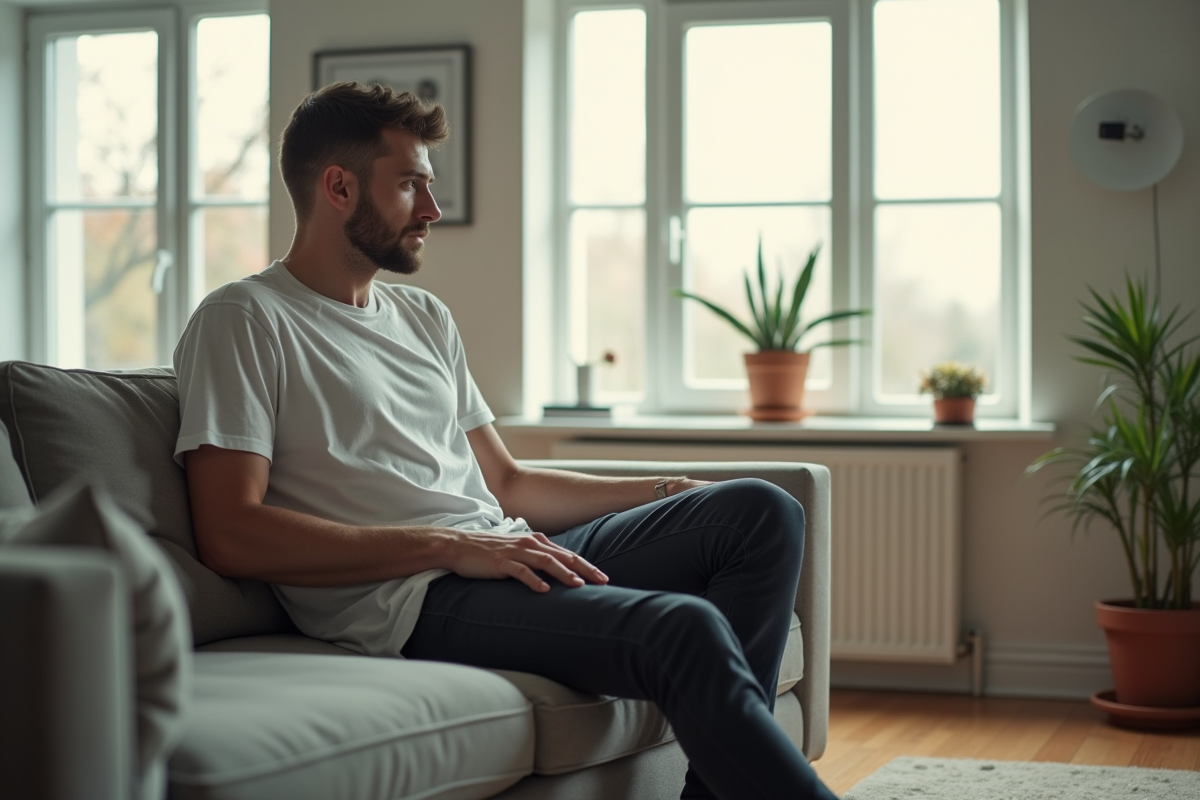 Homme mince en t-shirt oversize assis dans un salon lumineux