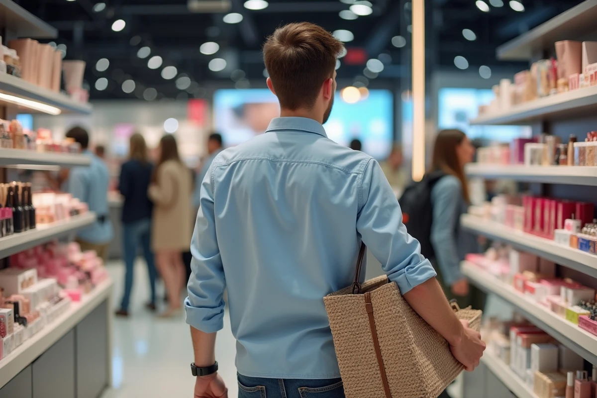 Homme parcourt un rayon de maquillage en magasin