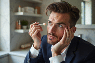 Homme appliquant soin visage dans salle de bain moderne