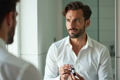 Homme appliquant un serum visage dans sa salle de bain