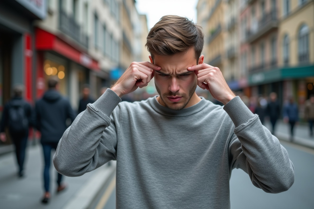 Jeune homme stressé dans la rue urbaine