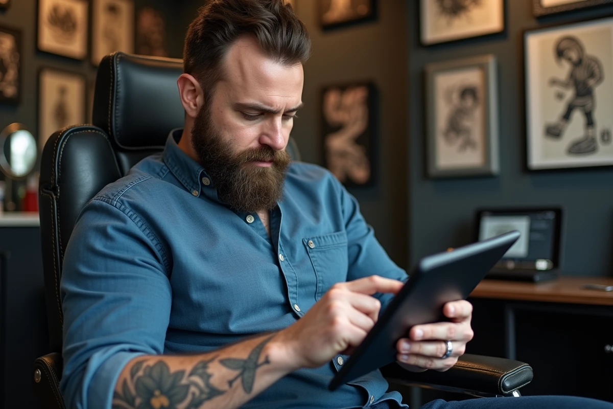 Homme avec microtatouage papier plane utilisant un calculateur en studio