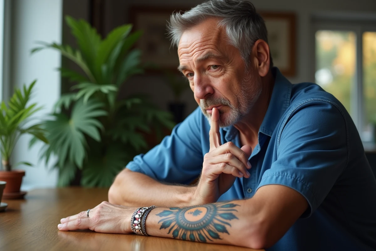 Homme regardant son tatouage soleil en intérieur