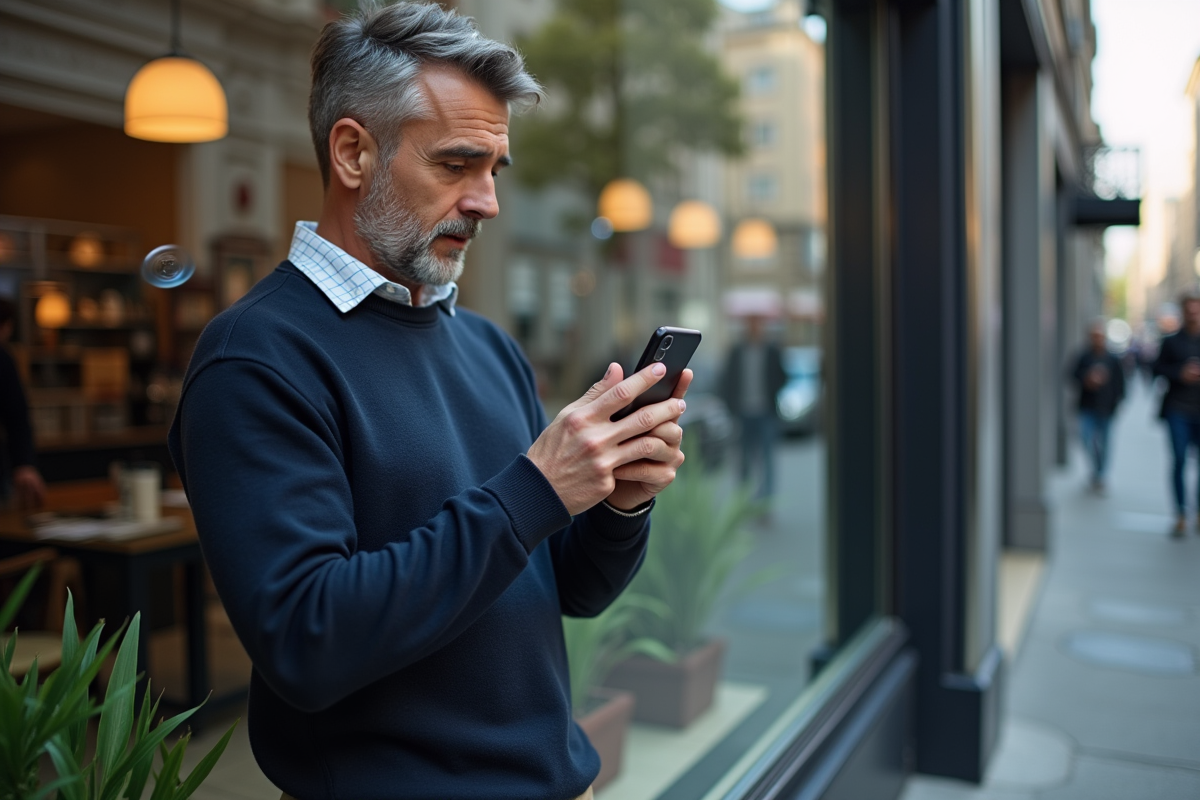 Homme examinant son dégradé en extérieur en ville